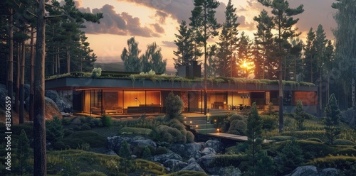 3D rendering of a modern house with a green roof in a forest landscape at sunset. Done