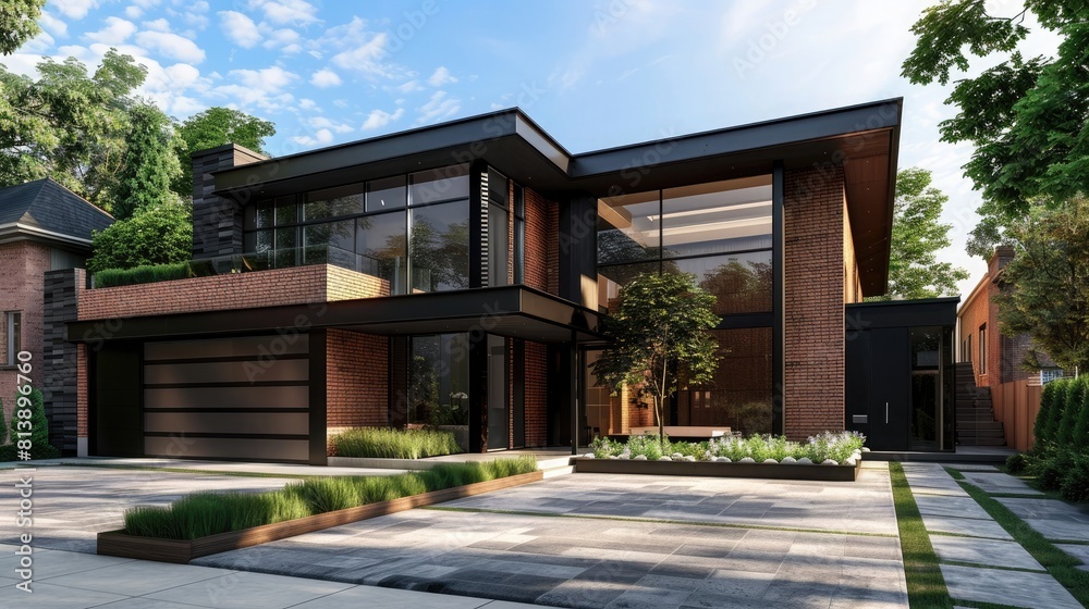 3D rendering of a modern house with brick and black wood exterior walls, glass windows, and a garage door. The front yard features a concrete floor with trees and grass.