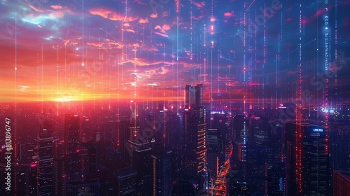 The cityscape is transformed by the twilight, revealing a symbiosis of urban grandeur and technological innovation: holograms paint the sky with predictions driven by artificial intelligence.