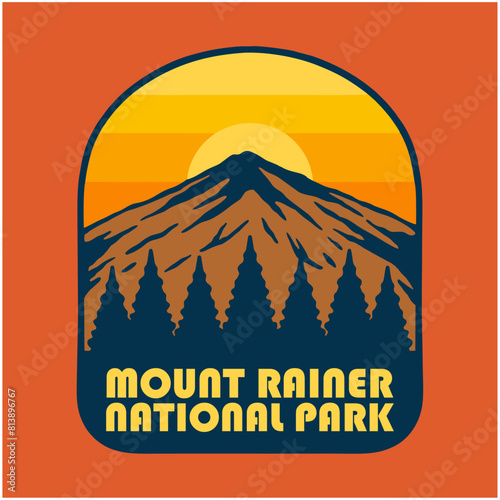 SUNSET ON MOUNT RAINER NATIONAL PARK BADGE LOGO DESIGN VECTOR ILLUSTRATION