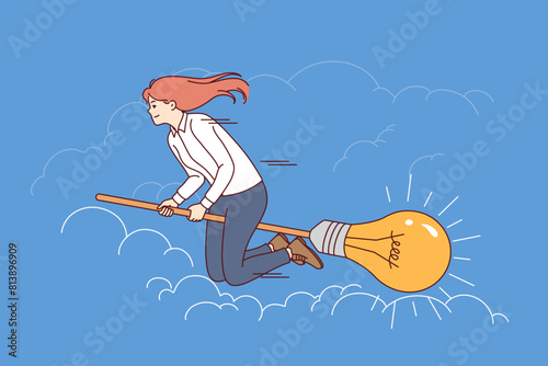 Ambitious businesswoman flies on broomstick with light bulb, symbolizing desire to fulfill idea. Brave businesswoman superhero rushing among clouds, completing given task or bold goal