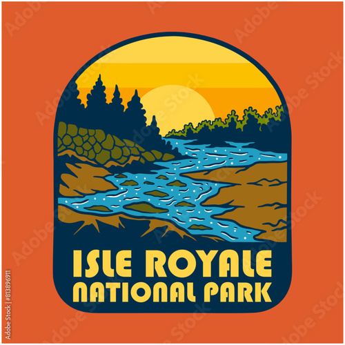 SUNSET ON ISLE ROYALE NATIONAL PARK BADGE LOGO DESIGN VECTOR ILLUSTRATION