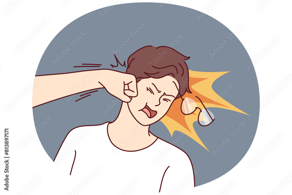 Unfortunate man gets punched in face and feels pain and resentment due to sudden aggression of opponent or unfair battle. Guy receives facial injury after being beaten by aggressive abuser Unfortunate man gets punched in face and feels pain and resentment due to sudden aggression of opponent or unfair battle. Guy receives facial injury after being beaten by aggressive abuser