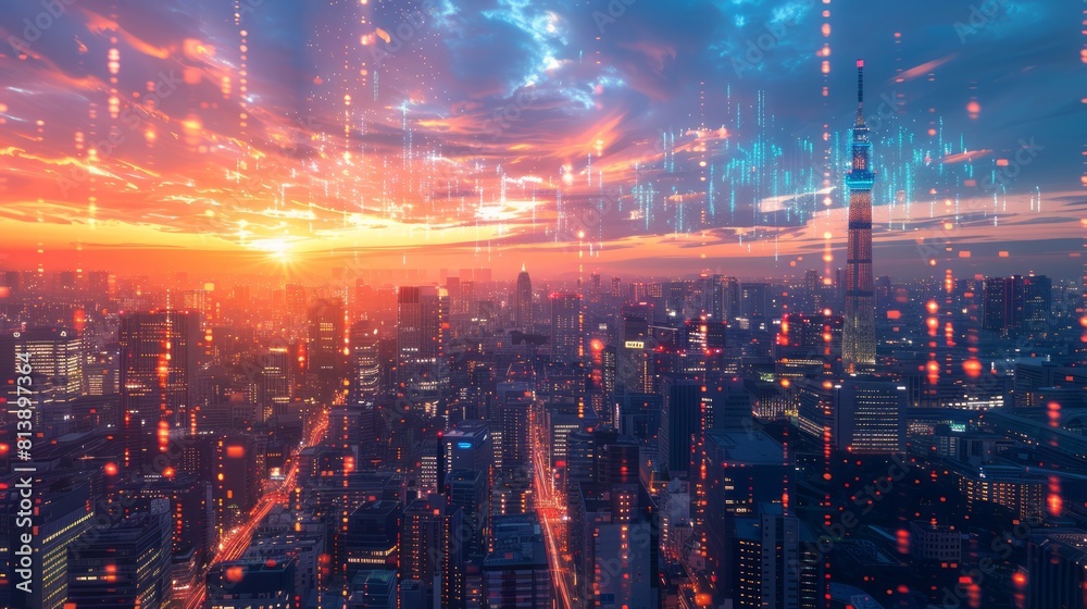 The cityscape is transformed by the twilight, revealing a symbiosis of urban grandeur and technological innovation: holograms paint the sky with predictions driven by artificial intelligence. The cityscape is transformed by the twilight, revealing a symbiosis of urban grandeur and technological innovation: holograms paint the sky with predictions driven by artificial intelligence.
