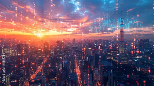 The cityscape is transformed by the twilight, revealing a symbiosis of urban grandeur and technological innovation: holograms paint the sky with predictions driven by artificial intelligence.