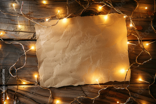 A piece of blank paper surrounded by beautiful fairy lights photo