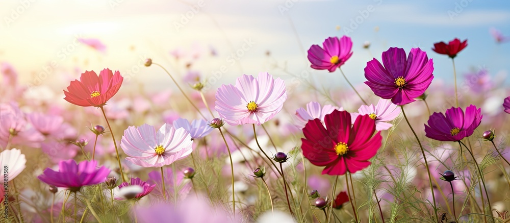A scenic autumn flower field with cosmos flowers in a picturesque rural countryside setting perfect for a copy space image A scenic autumn flower field with cosmos flowers in a picturesque rural countryside setting perfect for a copy space image