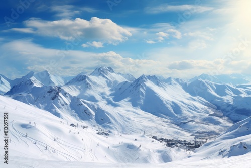 Panoramic view of snow-covered mountains with sunlight bathing peaks under a clear sky