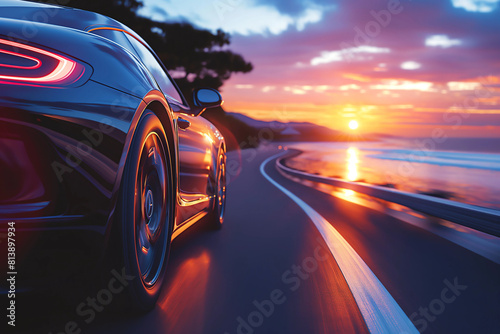 a car driving by the water at sunset