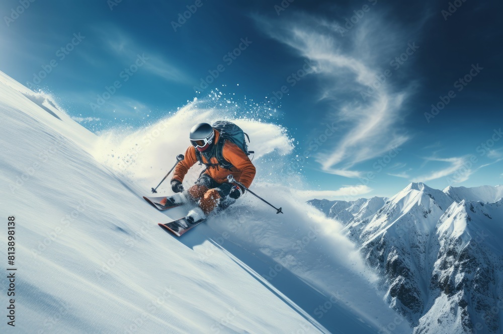 Skier in action on a pristine alpine slope under a clear blue sky Skier in action on a pristine alpine slope under a clear blue sky