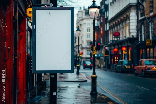 a white vertical poster on a street. 