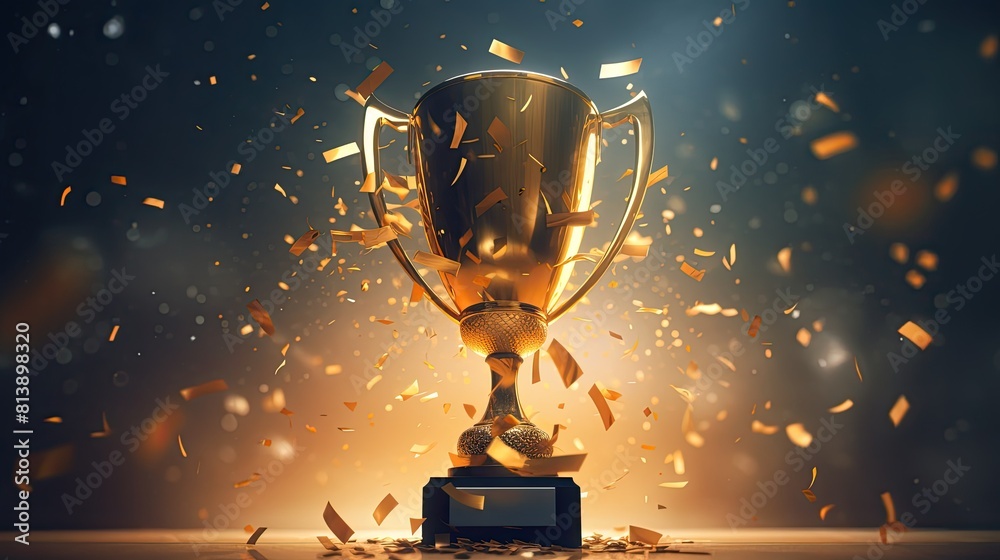 Gold first place winners trophy with confetti Gold first place winners trophy with confetti