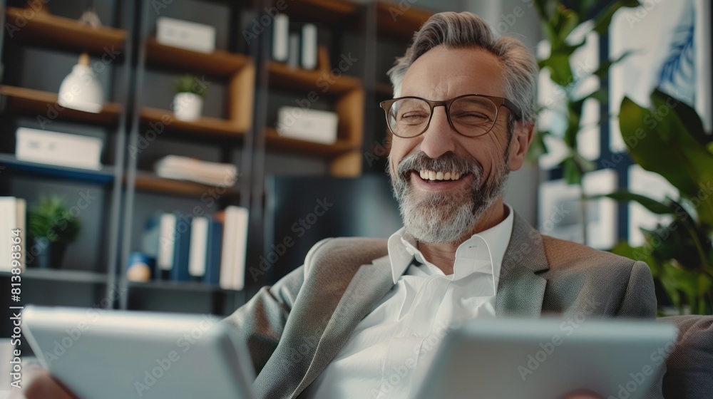 A man is sitting in a chair with two tablets in front of him A man is sitting in a chair with two tablets in front of him