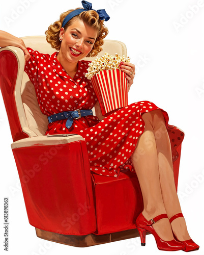 A smiling pin-up girl sitting on cinema seat with a basket of popcorn