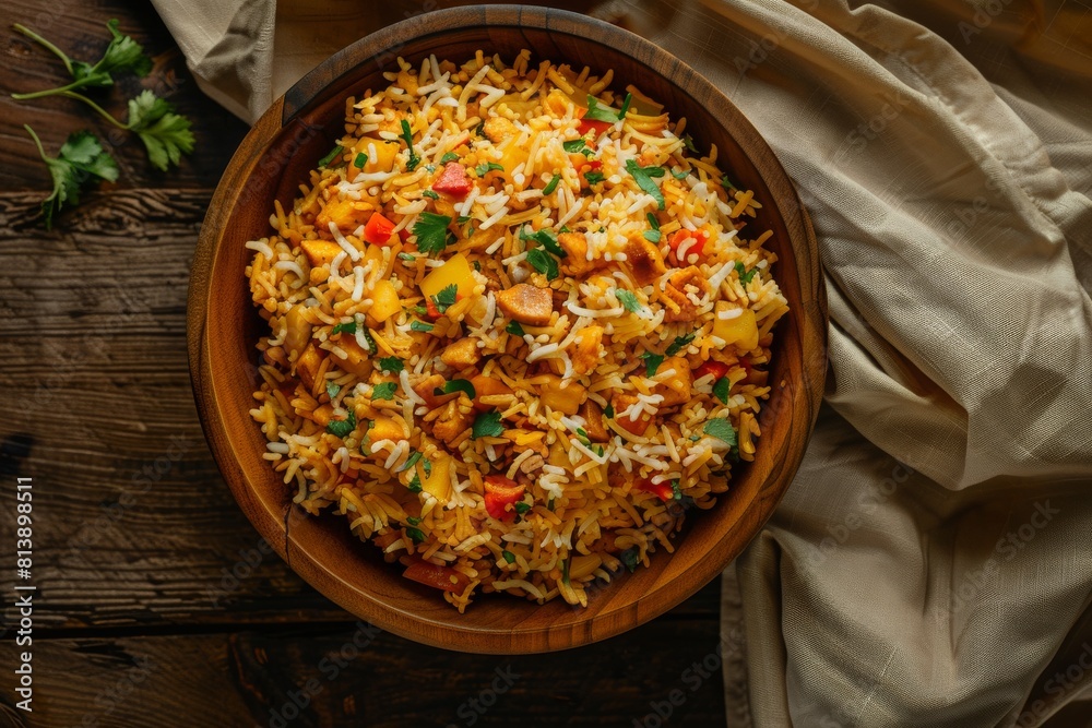 Tawa Pulao/Pulav/Pilaf/Pilau is an Indian Street Food in a wooden bowl over fabric on a wooden table Tawa Pulao/Pulav/Pilaf/Pilau is an Indian Street Food in a wooden bowl over fabric on a wooden table