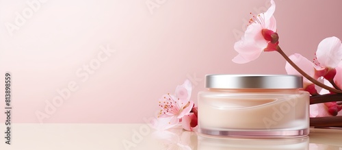 Close up of a jar containing cosmetic cream alongside flowers on a light pink background Depicting natural cosmetics beauty and skincare Copy space available