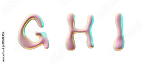 A set of holographic fonts in Y2K style. Volumetric letters G, H, I made of liquid metal.