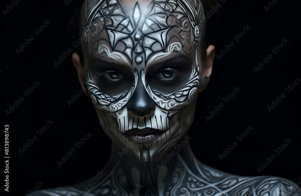 Portrait of a woman with elaborate skull makeup against a dark background, exuding eerie beauty Portrait of a woman with elaborate skull makeup against a dark background, exuding eerie beauty