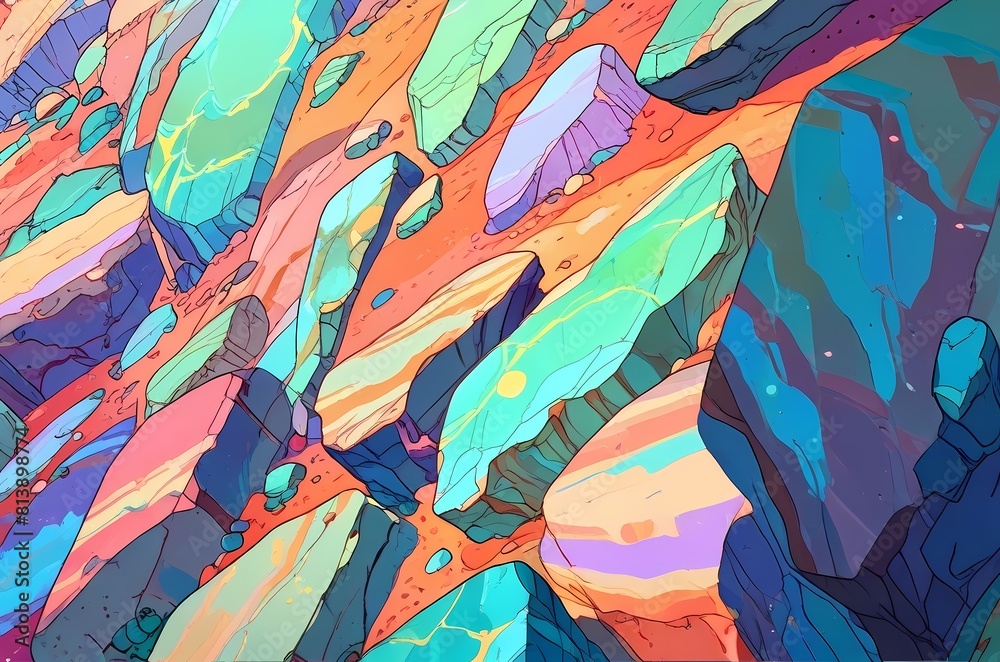 Polychromatic mineral deposits scene, anime style illustration