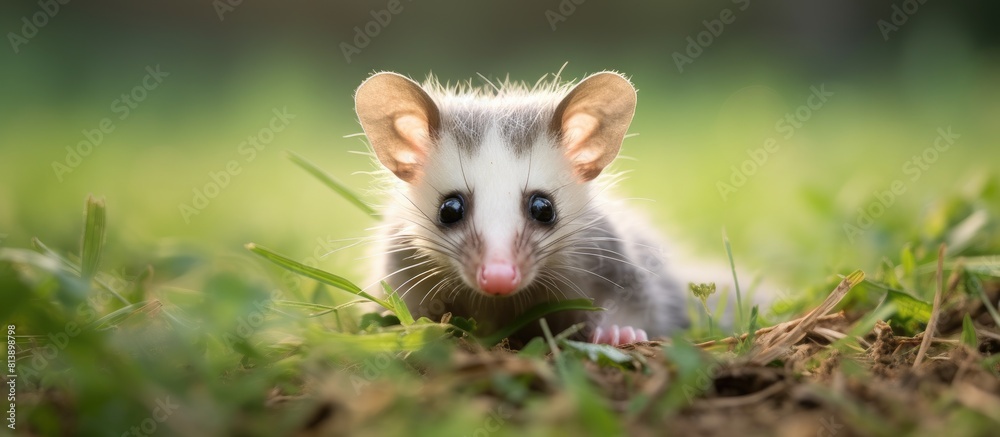 Baby opossum in southwest Missouri found alone and abandoned on an outdoor carpet Bokeh style with copy space image Baby opossum in southwest Missouri found alone and abandoned on an outdoor carpet Bokeh style with copy space image