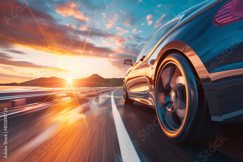 a car driving by the water at sunset