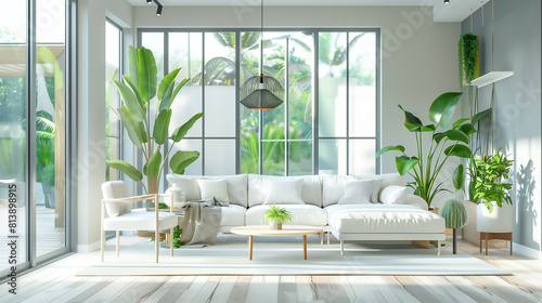 Airy and Bright Modern Living Room with Lush Indoor Plants  Large Windows  and Minimalist White Furniture