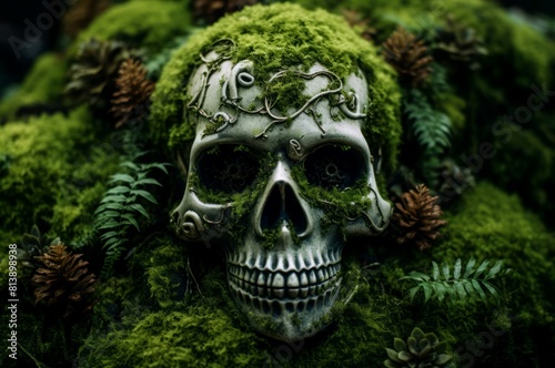 Green Skull moss closeup. Ancient stone. Generate Ai