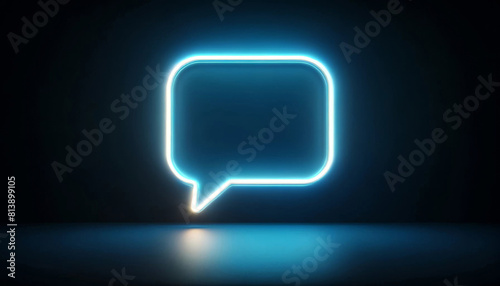The neon blue speech bubble glows against a dark background, creating a striking contrast. The neon light is reflected on the surface below, with a copy space.AI generated.