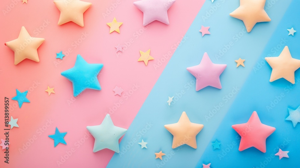 Colorful Star Shapes Scattered on a Pink and Blue Pastel Background Colorful Star Shapes Scattered on a Pink and Blue Pastel Background