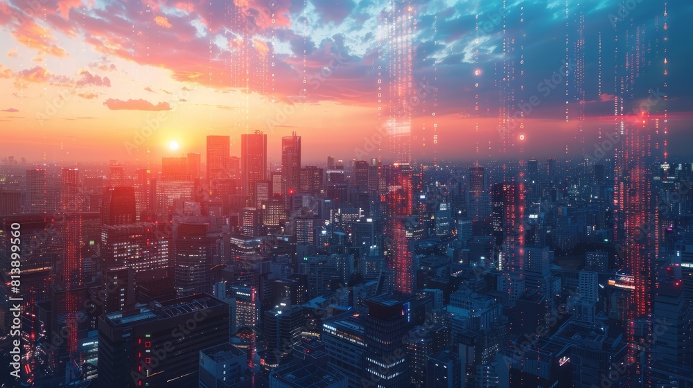 A panoramic view of a city skyline at dusk, overlaid with futuristic holographic charts and graphs representing AI-driven financial analytics and forecasting.