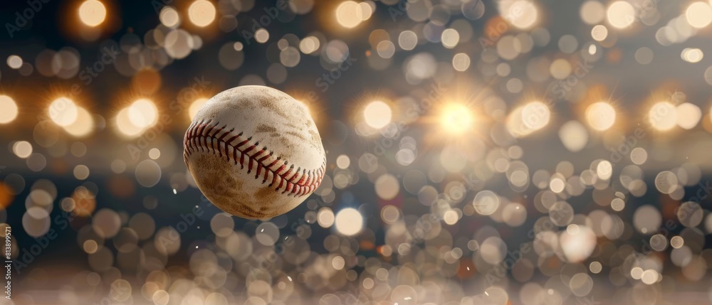 An artistic shot of a baseball in flight, crisply captured with a bokeh effect on the lights of the stadium behind it, providing a large area for copy on the lefthand side An artistic shot of a baseball in flight, crisply captured with a bokeh effect on the lights of the stadium behind it, providing a large area for copy on the lefthand side