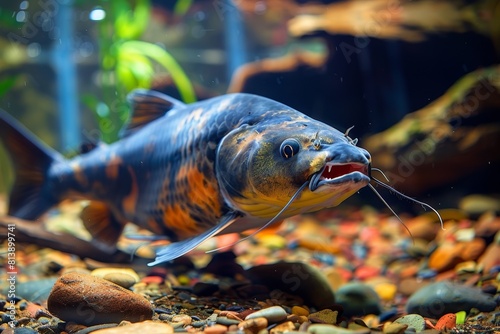 Catfish, Mud Cat, Polliwog, Chucklehead, Full Body Shot in a Colorful, Well Lit Aquarium Setting. photo