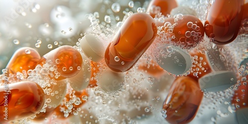 3D render showing watersoluble vitamins dissolving and being absorbed in the gut. Concept Medical Illustration, Nutrient Absorption, Digestive System, Bioavailability, Pharmacokinetics photo
