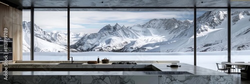 3d rendering of luxury kitchen with marble countertop and panoramic window view on snowy mountains in winter, interior design concept idea. , stock photo photography, 20mm f/8, ultra realistic photo