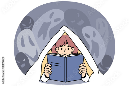 Scared little girl hive under blanket reading scary story. Terrified small child feel afraid with eerie horror book. Leisure and hobby. Vector illustration.