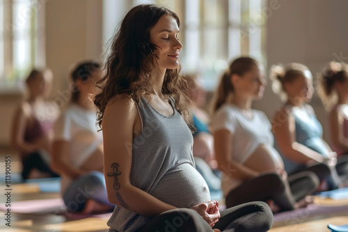 Group of young pregnant women doing relaxation exercise on exercising mat. Pregnant woman doing yoga in yoga class © Jullia