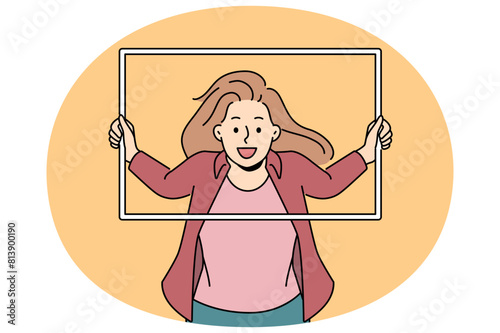 Smiling woman with empty frame posing making picture. Happy girl put face for picture or photo in frame. Photo shoot and modeling. Vector illustration.