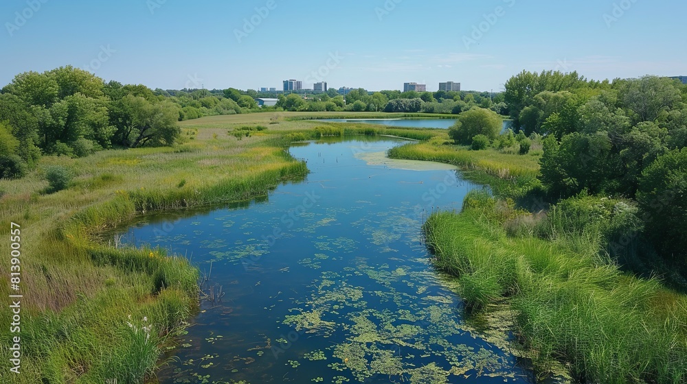 beautiful landscape with a river flowing through a green meadow. beautiful landscape with a river flowing through a green meadow.