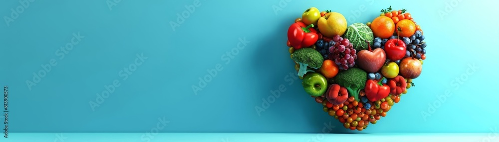 A heart made of fruits and vegetables on a blue background A heart made of fruits and vegetables on a blue background