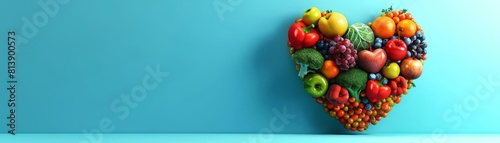 A heart made of fruits and vegetables on a blue background