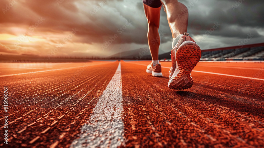 Close up of sports shoes on a treadmill in a stadium symbolizing daily jogging copy space for promotion. Sportsman in comfortable sneakers running along red rubberized track on urban ground Stock