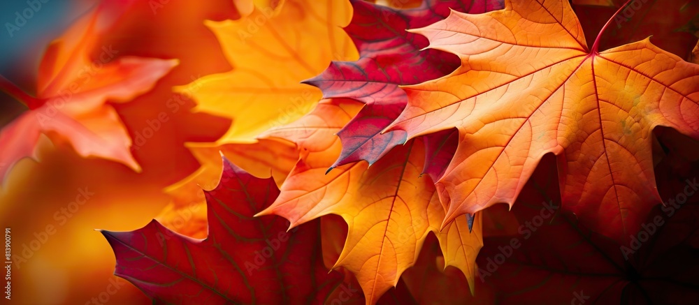 Fototapeta premium Maple leaves in autumn displaying a stunning gradient of color Copy space image