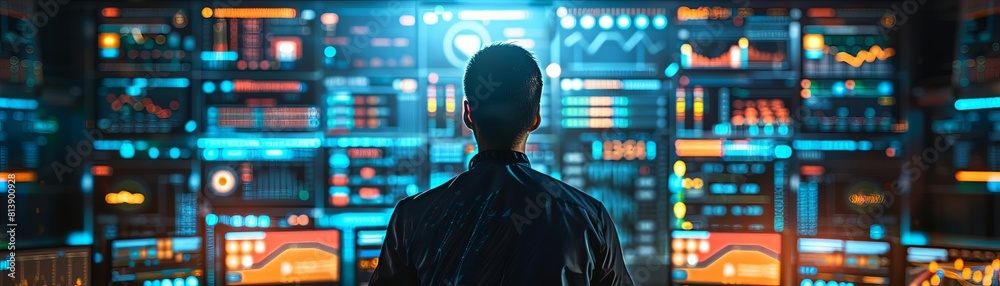 A man standing in front of a large futuristic control panel with a lot of information on the screens. A man standing in front of a large futuristic control panel with a lot of information on the screens.