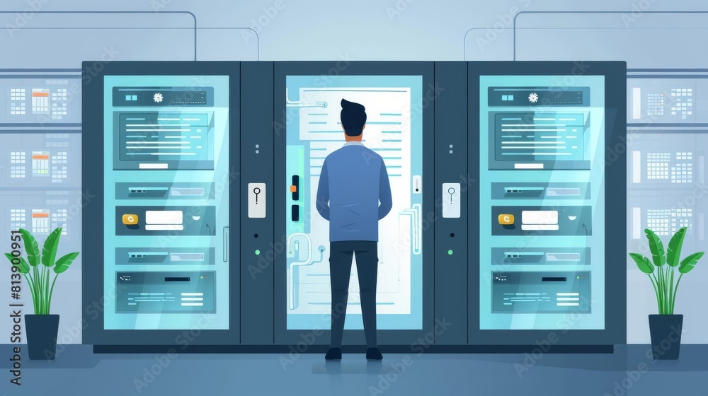 A man standing in front of a server rack. The man is looking at the servers. The servers are in a data center. A man standing in front of a server rack. The man is looking at the servers. The servers are in a data center.