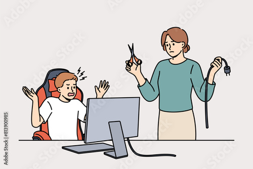 Computer addiction to video games in boy who threw tantrum because mother cut pc wire. Teenage child spends lot of time playing video games and does not want to do homework or housework