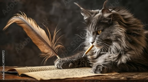 A fluffy gray cat with a writer's quill, crafting eloquent prose on parchment with focused determination.