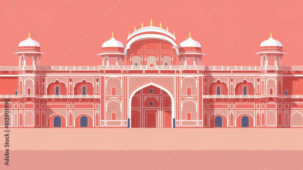 Minimalist of Iconic Jaipur Palace Facade with Intricate Architectural Details and Vibrant Colors