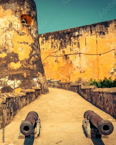 Canons at the ruins of the historical Fort Jesus in Mombasa City, Kenya 