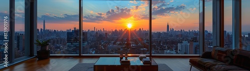 The warm glow of the setting sun casts a golden reflection on the glass windows of a modern high-rise building, illuminating the urban landscape below.