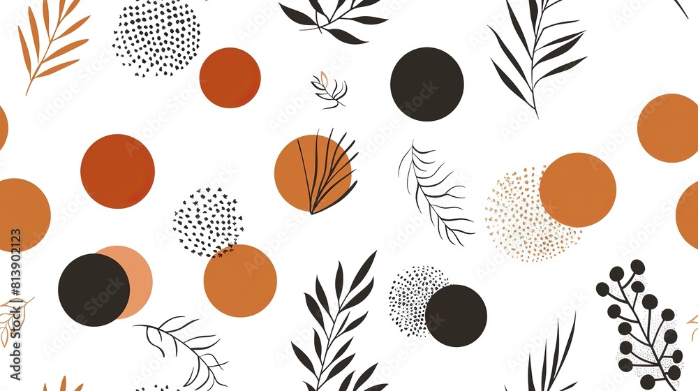  boho earth tone line dot and free form shape abstract background seamless pattern, cheerful optimistic , Generative Ai